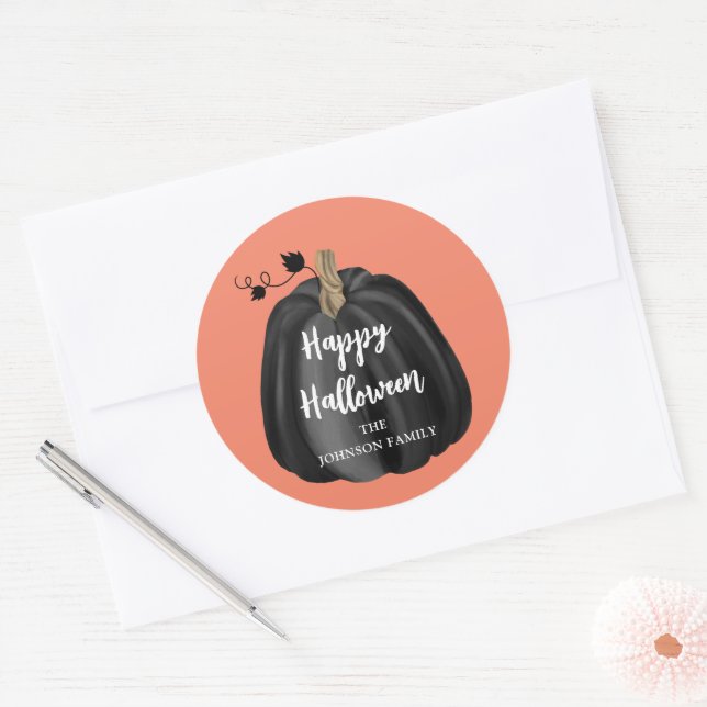 Sticker Rond Joli Halloween Orange Citrouille Script (Enveloppe)