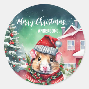 Sticker Rond Joli Hamster rat Noël fête de neige d'anniversaire
