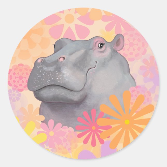 Sticker Rond Joli Hippo Aux Fleurs (Devant)