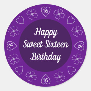 Sticker Rond Joli Joyeux Doux 16 Anniversaire Purple Festive