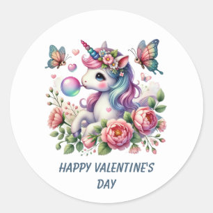 Sticker Rond Joli Joyeux Saint Valentin licorne