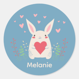Sticker Rond Joli Lapin Blanc Avec Coeur Personnalisé
