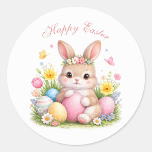 Sticker Rond Joli lapin de Pâques aux pivoines roses blush
