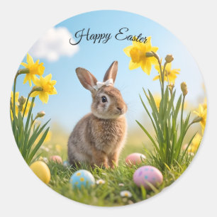 Sticker Rond Joli lapin de Pâques et jonquille