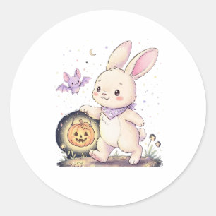 Sticker Rond Joli lapin d'Halloween avec lanterne citrouille et