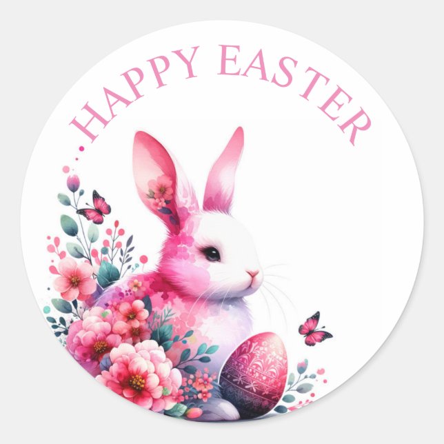 Sticker Rond Joli lapin floral aquarelle Joyeuses Pâques (Devant)
