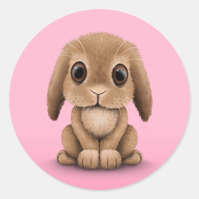 Sticker Rond Joli lapin lapin de bébé Brown sur rose (Devant)