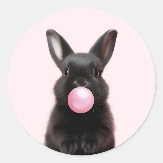 Sticker Rond Joli lapin noir soufflant de bulle rose gomme (Devant)