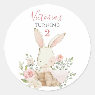Sticker Rond Joli Lapin Rose 2 Deux Anniversaire