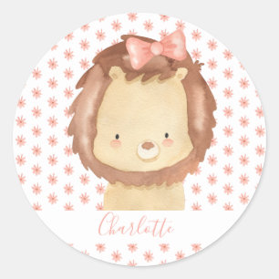 Sticker Rond Joli lionceau personnalisé aquarelle fleurs roses