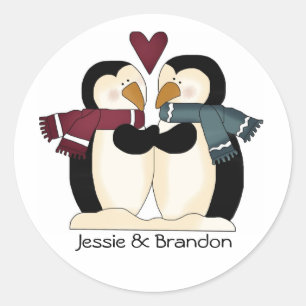 Sticker Rond Joli Mariage Penguins Enveloppe Sceau