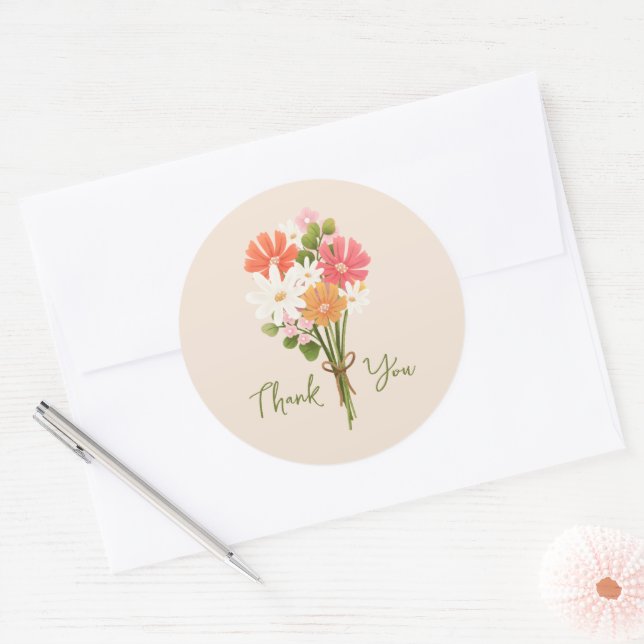 Sticker Rond Joli Merci coloré de Bouquet moderne de fleurs (Enveloppe)