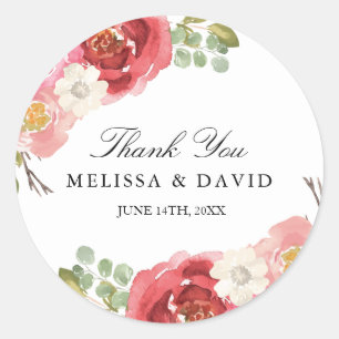 Sticker Rond Joli Merci rose et rouge Aquarelle