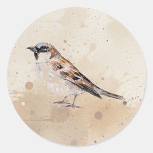Sticker Rond Joli Moineau Oiseau Aquarelle Art Animalier