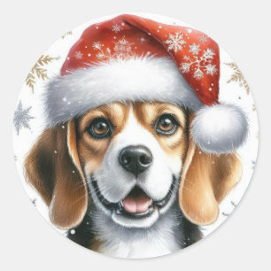 Sticker Rond Joli Noël Beagle Santa Hat Chien vacances