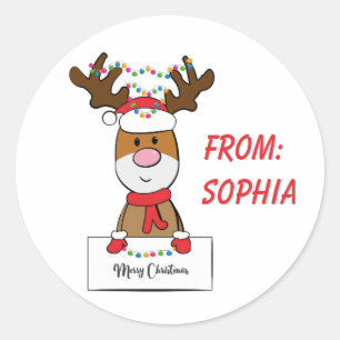 Sticker Rond Joli Noël Cartoon Reindeer Ajouter un nom