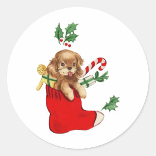 Sticker Rond Joli Noël Chiot Vintage