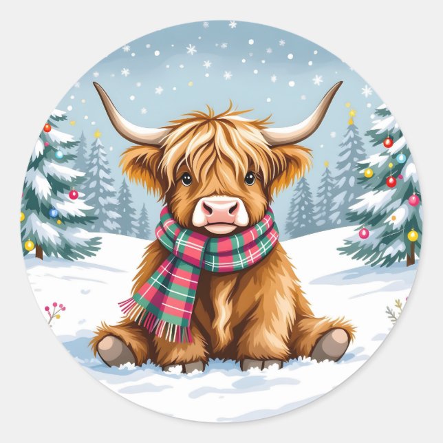 Sticker Rond Joli Noël de vache Whimsical Highland (Devant)