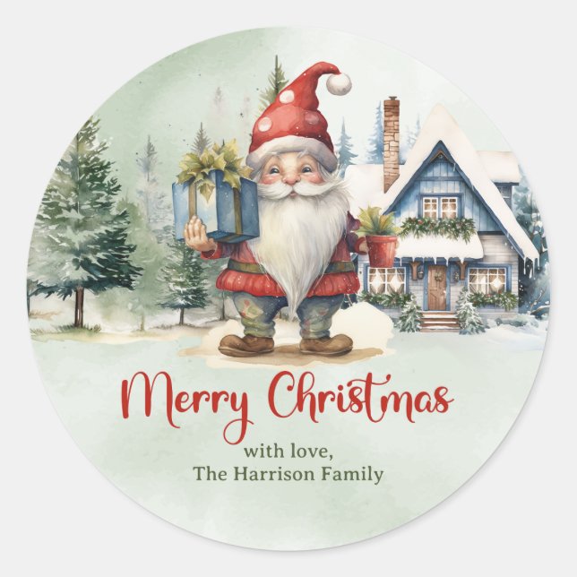 Sticker Rond Joli Noël gnome scandinave avec cadeaux (Devant)