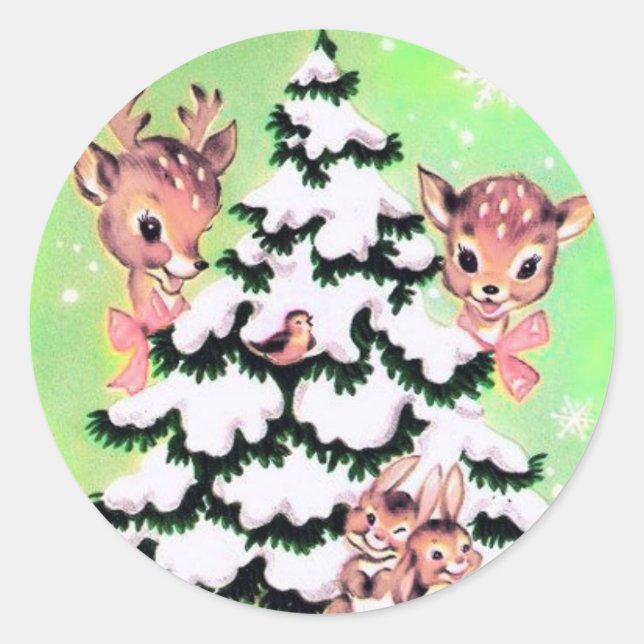 Sticker Rond Joli Noël Rétro Cerfs et lapins (Devant)