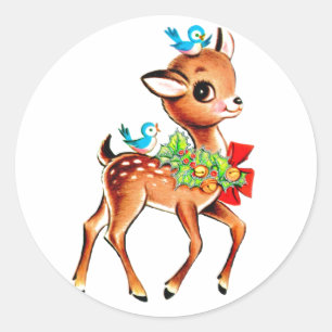 Sticker Rond Joli Noël Rouge Bow Green Holly Reindeer