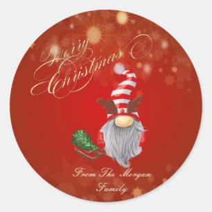 Sticker Rond Joli Noël Traîneau Arbre Sapin Gnome