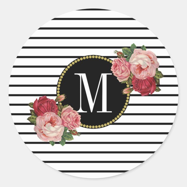 Sticker Rond Joli noir blanc rayé Moderne Floral Monogramme (Devant)