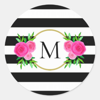 Sticker Rond Joli noir blanc rayé rose floral Monogramme