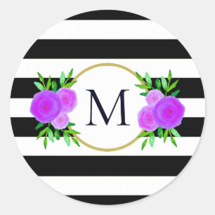 Sticker Rond Joli noir blanc rayé violet fleuri Monogramme