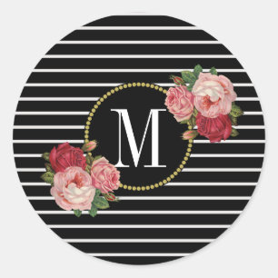 Sticker Rond Joli noir rayé Moderne Floral Or Monogramme