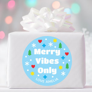 Sticker Rond Joli Nom Personnalisé Fête Rétro Bleu Noël