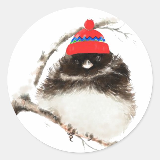 Sticker Rond Joli oiseau d'hiver en Casquette, Noël, Humour, Ju (Devant)