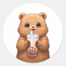 Sticker Rond Joli Ours Buvant du Thé aux Perles | Kawaii Bubble