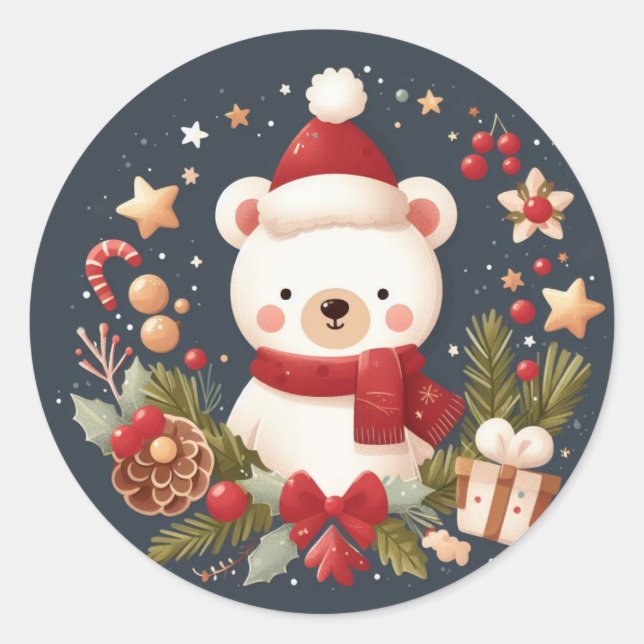 Sticker Rond Joli ours de Noël/d'hiver en couronne (Devant)