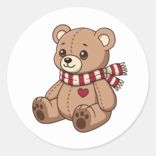 Sticker Rond Joli ours en peluche beige avec écharpe rayée