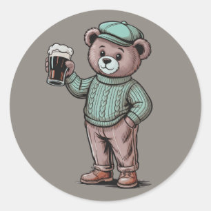 Sticker Rond Joli ours en peluche tenant une bière