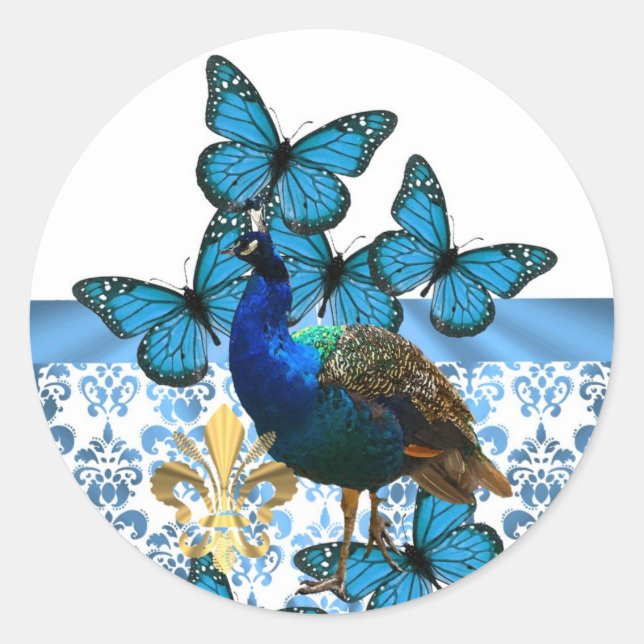 Sticker Rond Joli paon et papillons bleus (Devant)