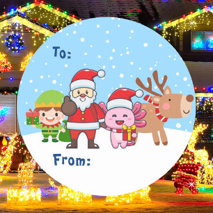 Sticker Rond Joli Père Noël Elf Reindeer Axolotl cadeau de Noël