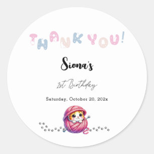 Sticker Rond Joli Petit Chat 1er Anniversaire Merci