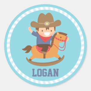 Sticker Rond Joli petit cow-boy heureux sur cheval à bascule
