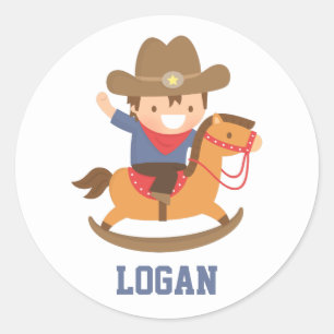 Sticker Rond Joli petit cow-boy heureux sur cheval à bascule