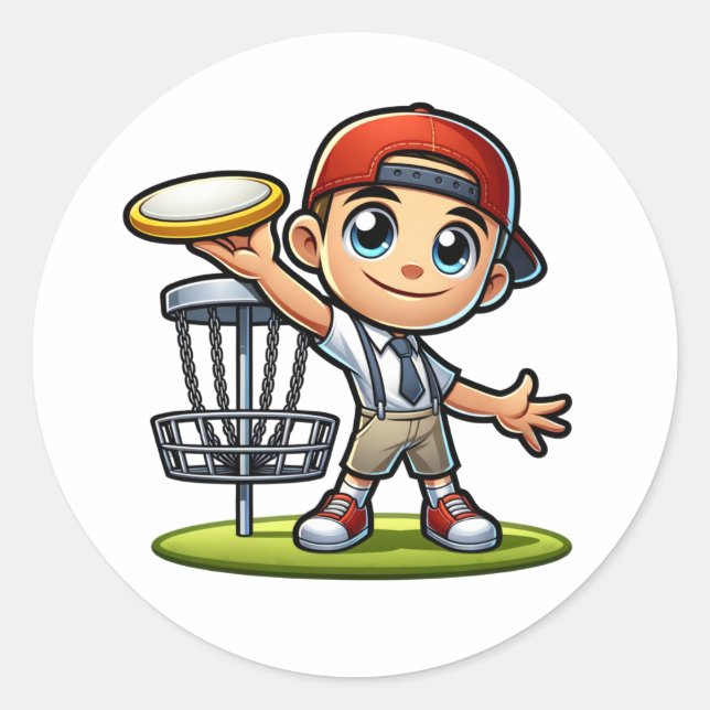 Sticker Rond Joli petit garçon Jouer Disque Golf (Devant)