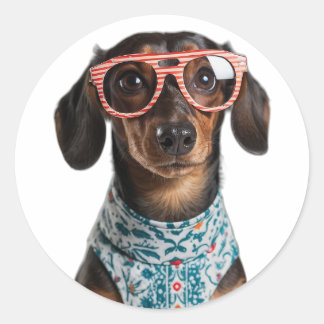 Sticker Rond Joli Petit Teckel Avec Des Lunettes Rouges