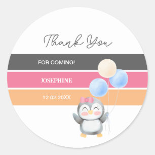 Sticker Rond Joli Pingouin Balloon Fille Anniversaire Merci