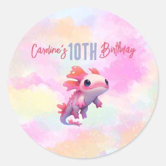 Sticker Rond Joli Pink Axolotl Pastel Rainbow Girl Anniversaire (Devant)