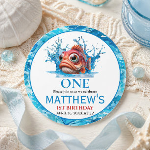 Sticker Rond Joli Poisson Bleu Eau 1er Anniversaire