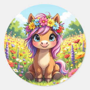 Sticker Rond Joli poney avec fleurs