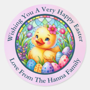 Sticker Rond Joli poussin de Pâques, fleurs et œufs colorés