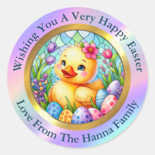 Sticker Rond Joli poussin de Pâques, fleurs et œufs colorés