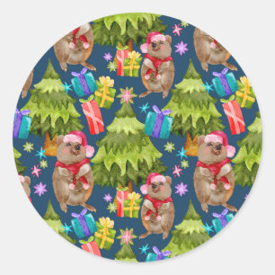 Sticker Rond Joli Quokka Bleu Noël
